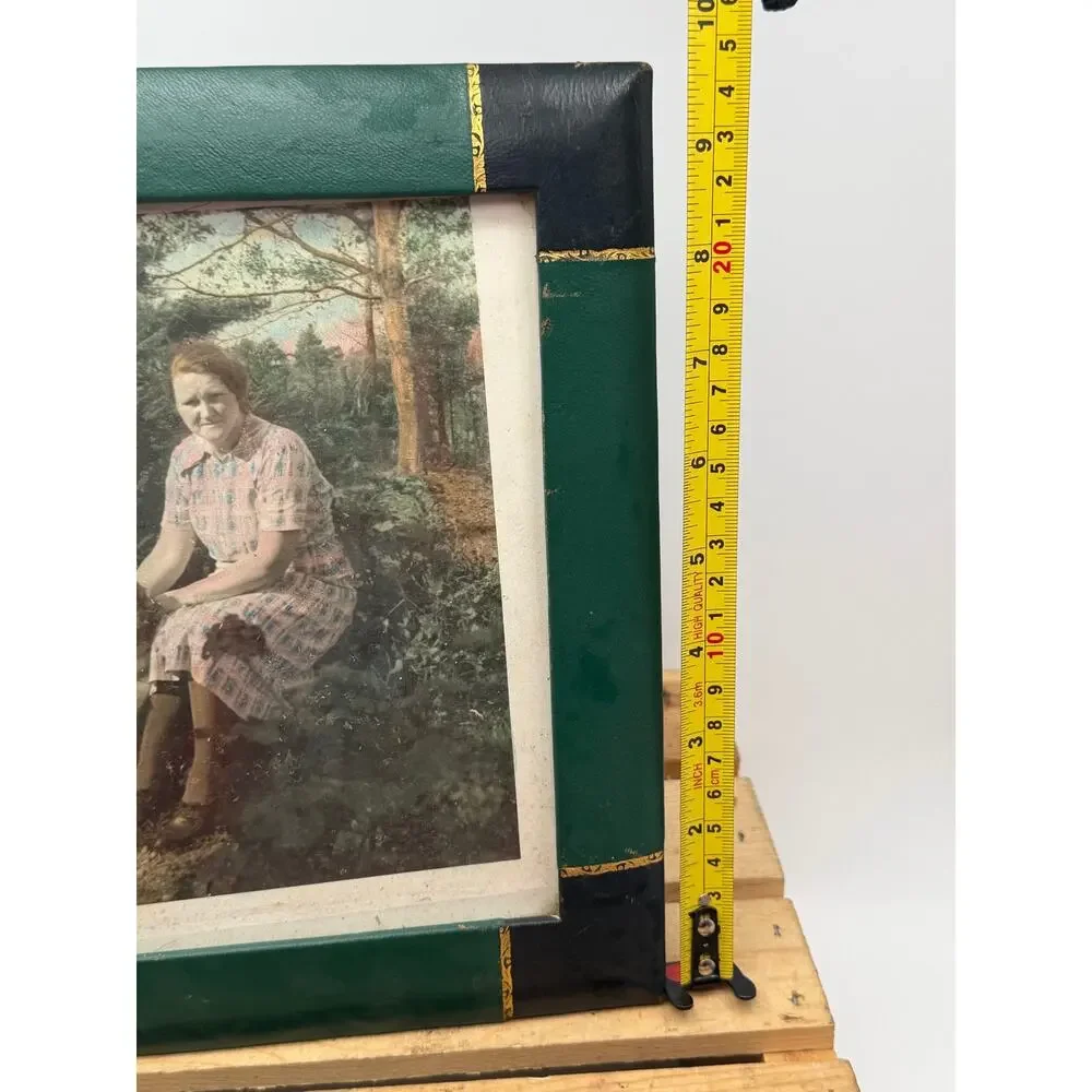 Vintage Hand-Tinted Woman & Dog Portrait in Green Leatherette Frame - 8”x10”